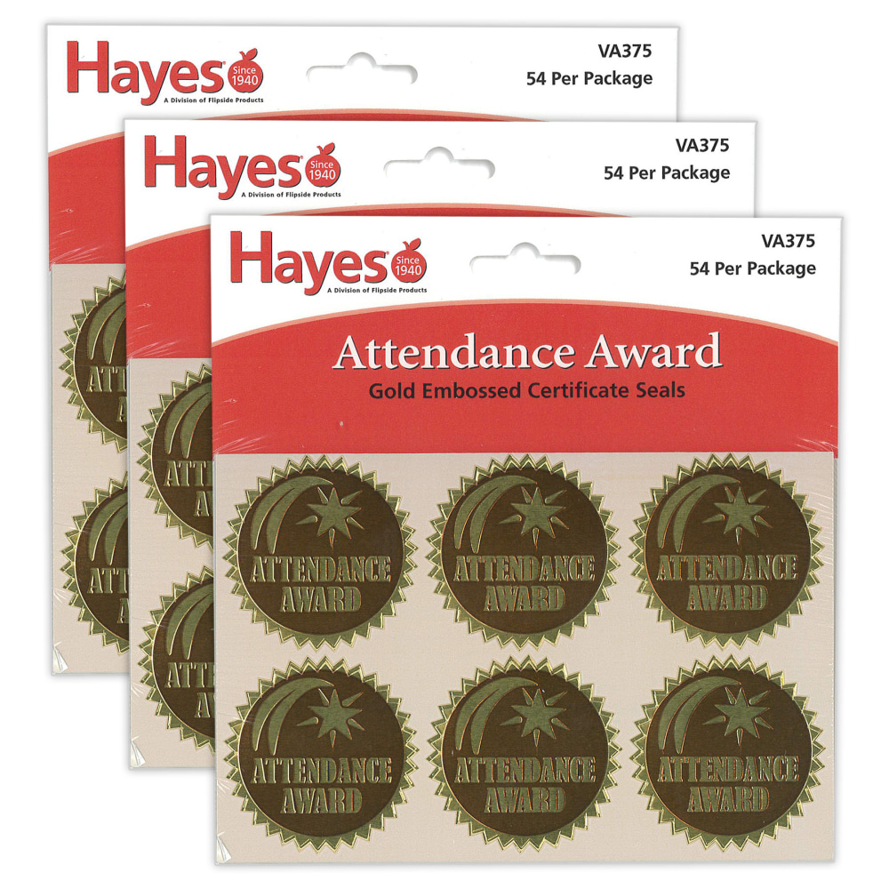 Hayes Publishing Gold Foil Embossed Seals, Attendance Award, 54 Per Pack, Set Of 3 Packs MPN:H-VA375-3