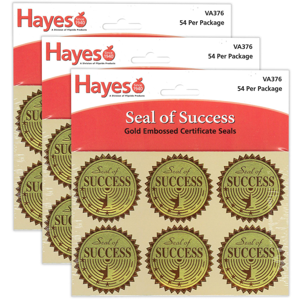 Hayes Publishing Gold Foil Embossed Seals, Seal Of Success, 54 Per Pack, Set Of 3 Packs MPN:H-VA376-3