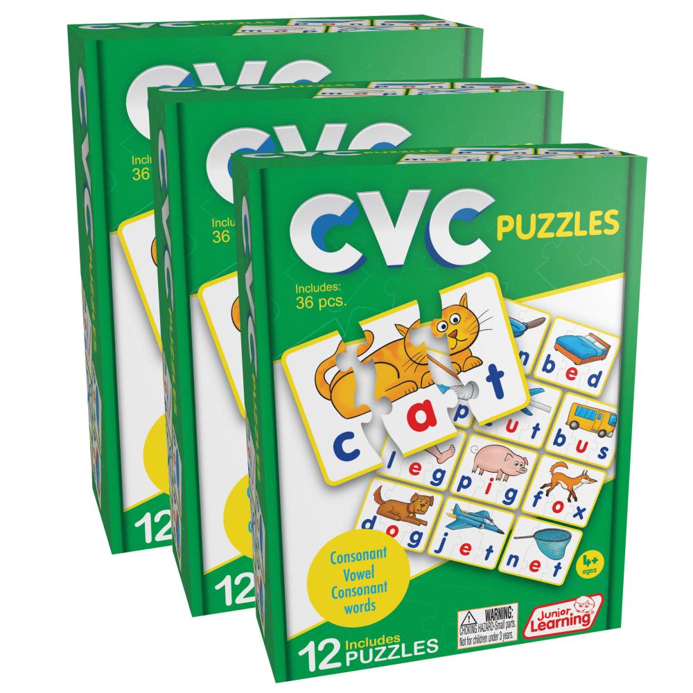 Junior Learning Puzzles, CVC, Set Of 12 Puzzles, Pack Of 3 Sets MPN:JRL240-3