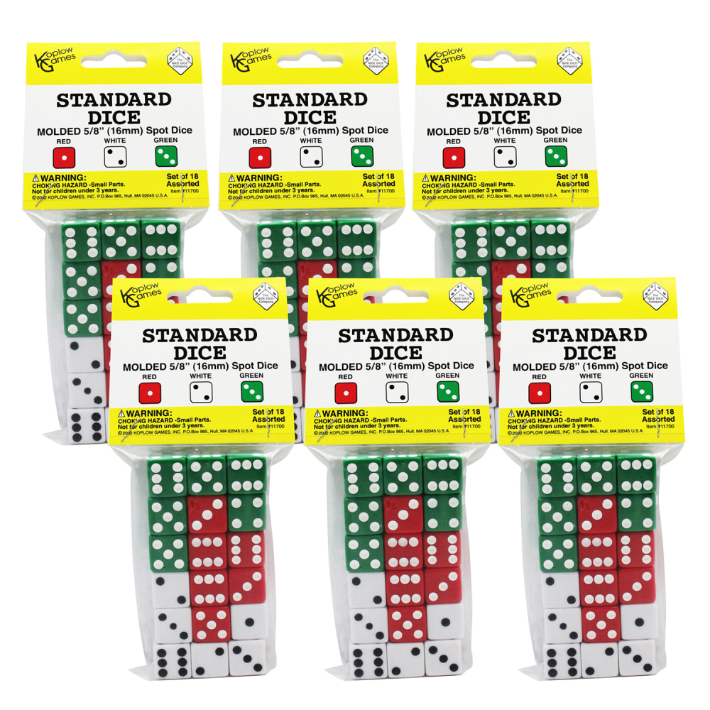 Koplow Games Dot Dice Sets, 5/8in, Red/White/Green, Pre-K to Grade 5, 18 Dice Per Set, Pack Of 6 Sets MPN:KOP11700-6