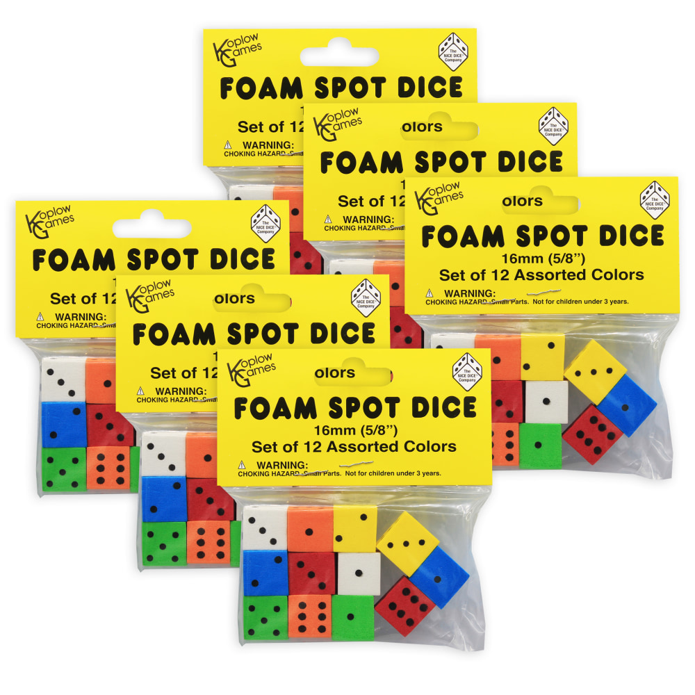 Koplow Games Foam Dice, 5/8in, Assorted Colors, 12 Dice Per Pack, Set Of 6 Packs MPN:KOP17332-6