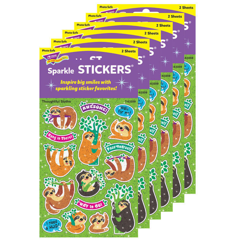 Trend Thoughtful Sloths Sparkle Stickers, Assorted Colors, 32 Stickers Per Pack, Set Of 6 Packs MPN:T-63359-6