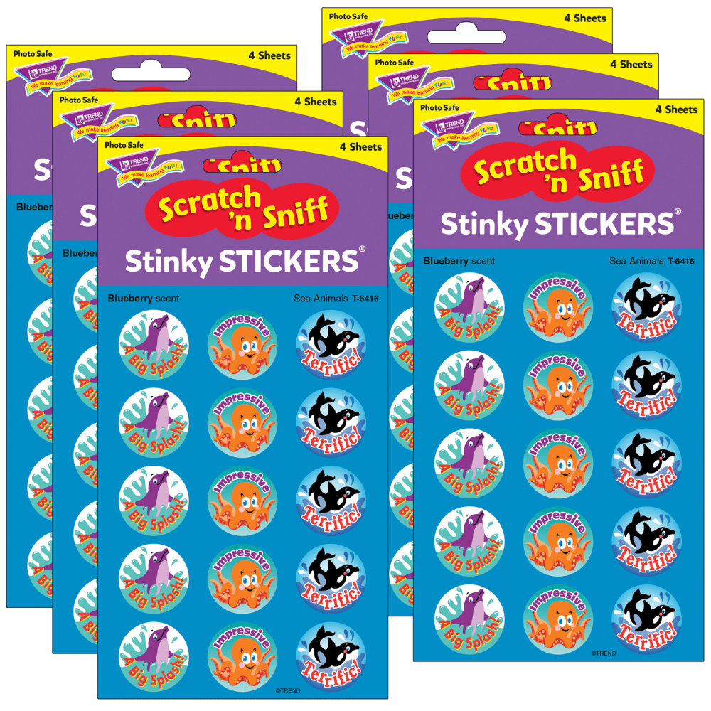 Trend Stinky Stickers, Sea Animals/Blueberry, 60 Stickers Per Pack, Set Of 6 Packs MPN:T-6416-6