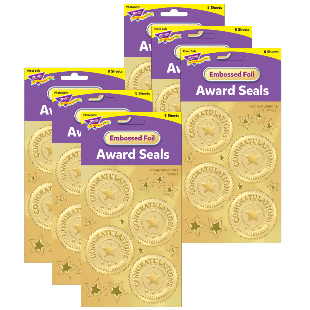 Trend Award Seal Stickers, Congratulations Gold, 32 Stickers Per Pack, Set Of 6 Packs MPN:T-74011-6