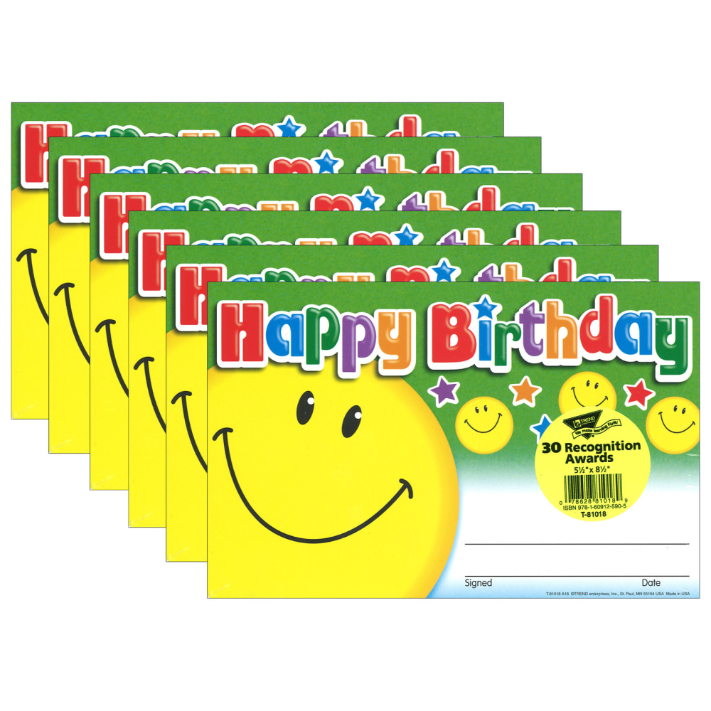 TREND Recognition Awards, Happy Birthday Smile, 30 Per Pack, Set Of 6 Packs MPN:T-81018-6