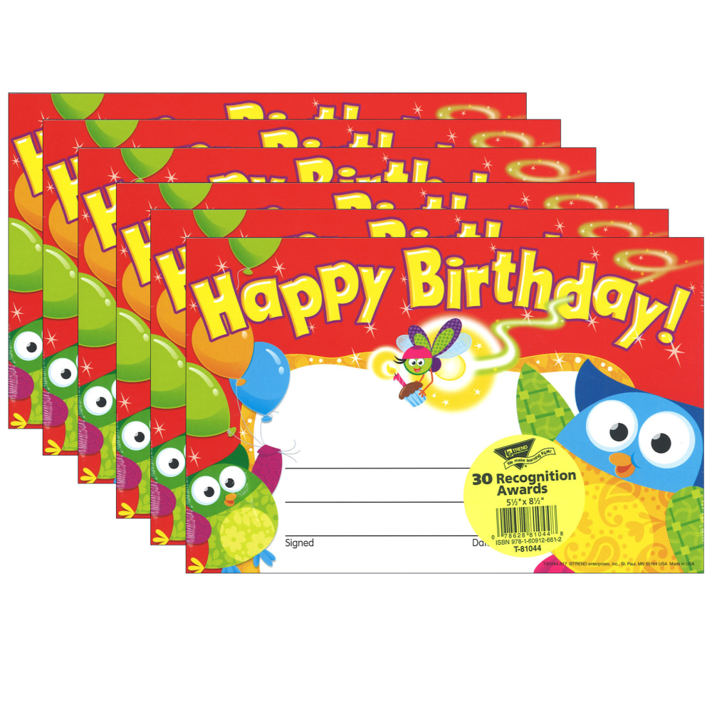 TREND Recognition Awards, Happy Birthday Owl-Stars!, 30 Per Pack, Set Of 6 Packs MPN:T-81044-6