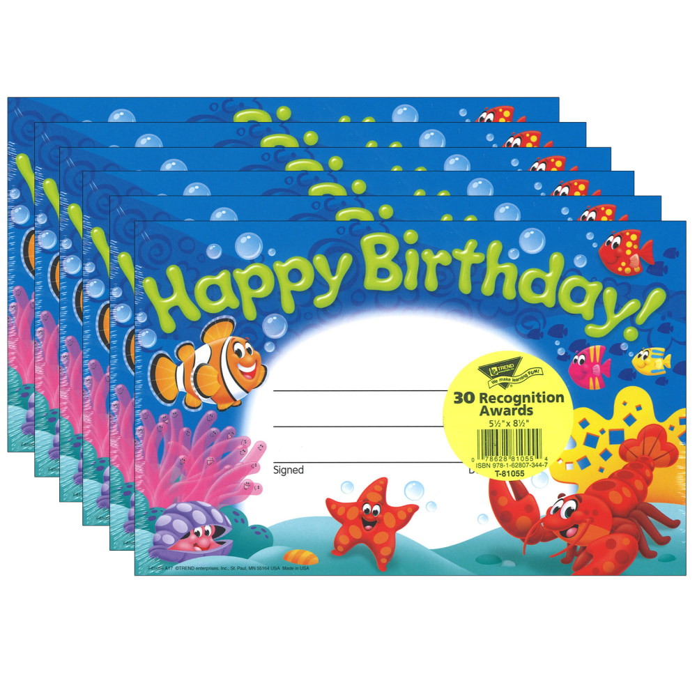 TREND Recognition Awards, Happy Birthday! Sea Buddies, 30 Per Pack, Set Of 6 Packs MPN:T-81055-6