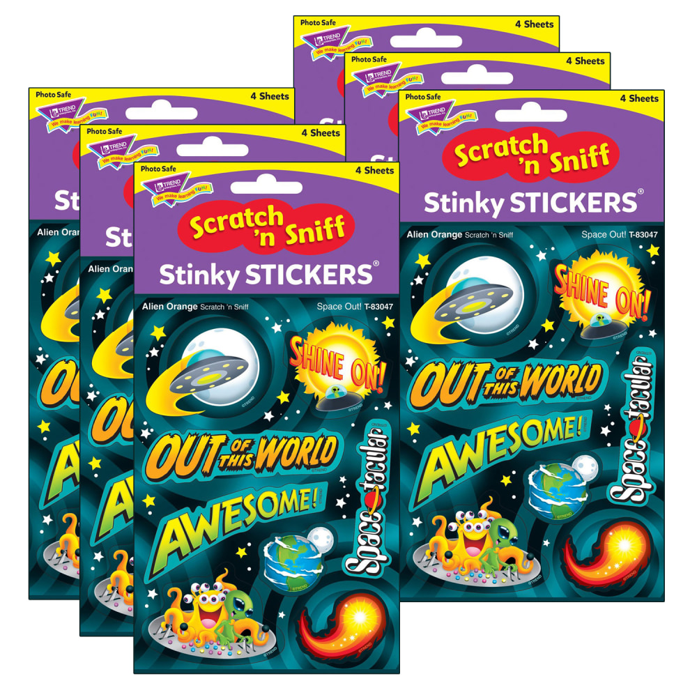 Trend Stinky Stickers, Space Out! Alien Mixed Shapes/Orange, 32 Stickers Per Pack, Set Of 6 Packs MPN:T-83047-6