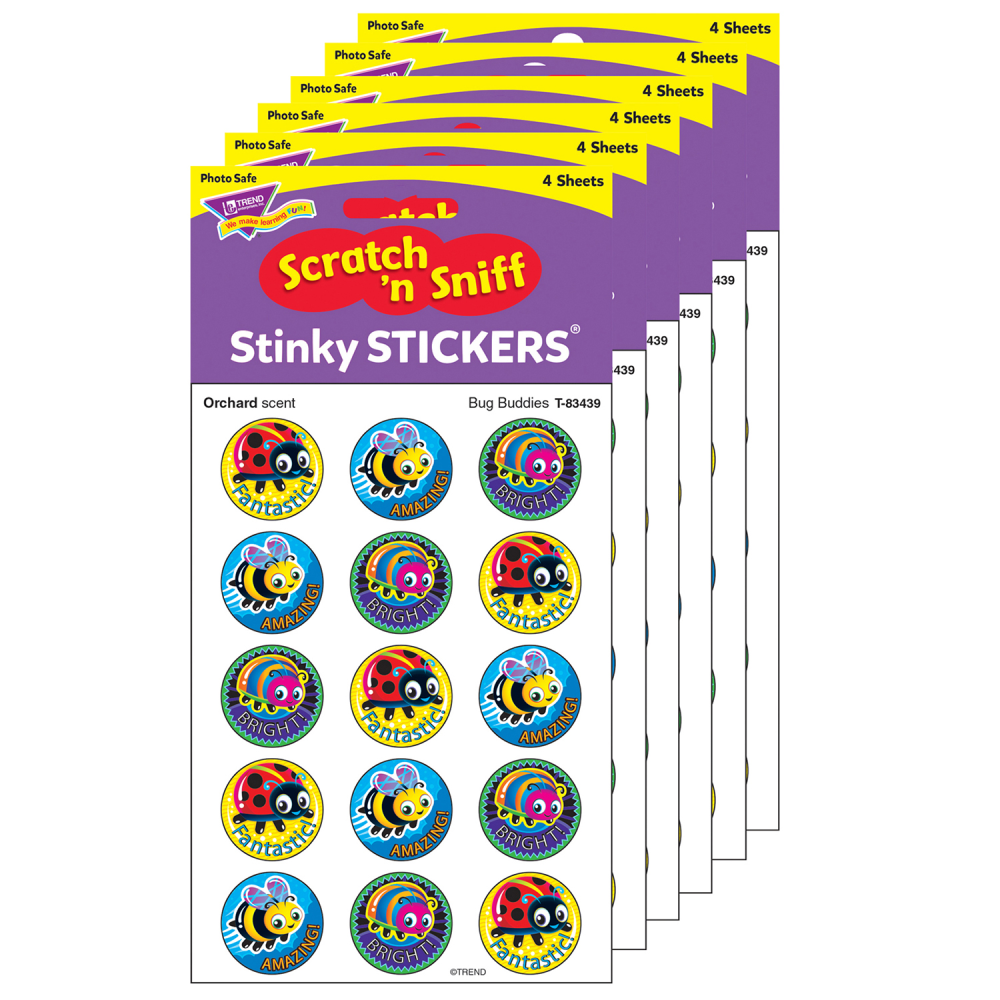 Trend Stinky Stickers, 1in, Bug Buddies/Orchard, 60 Stickers Per Pack, Set Of 6 Packs MPN:T-83439-6