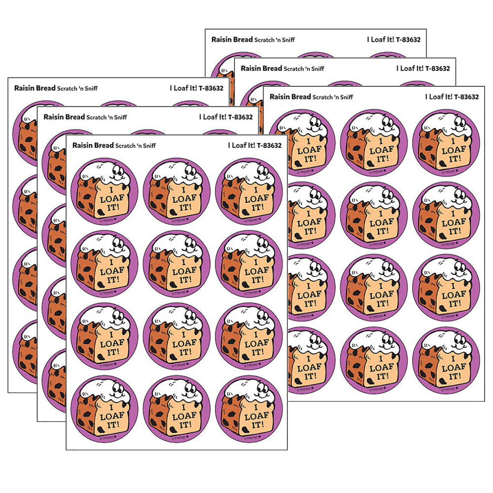 Trend Retro Scratch N Sniff Stinky Stickers, I Loaf It!/Raisin Bread Scent, 24 Stickers Per Pack, Bundle Of 6 Packs MPN:T-83632-6