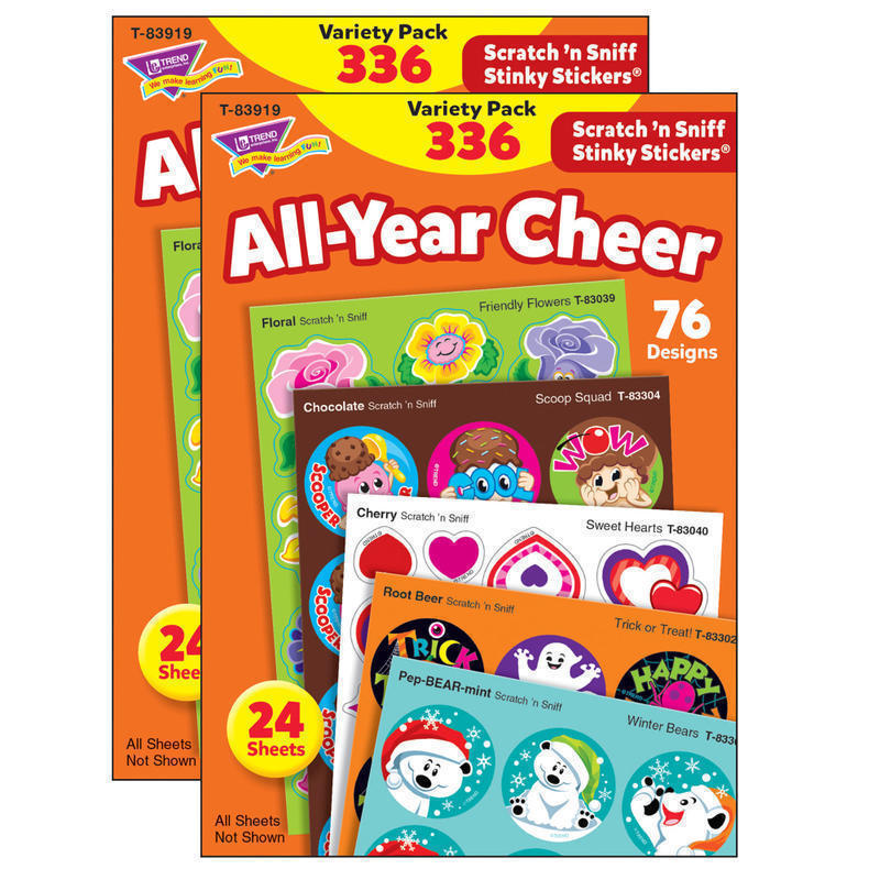 Trend Stinky Stickers, 1in, All Year Cheer, 336 Stickers Per Pack, Set Of 2 Packs MPN:T-83919-2