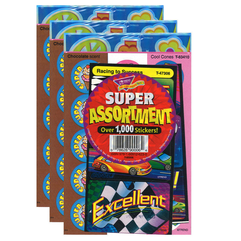 Trend Super Assortment Sticker Packs, Assorted Colors, 1000 Stickers Per Pack, Set Of 3 Packs MPN:T-90006-3
