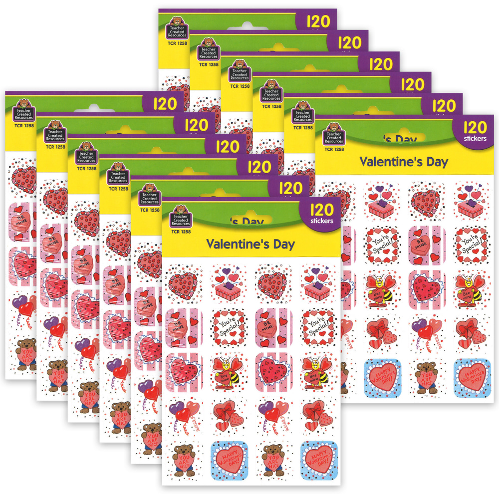 Teacher Created Resources Stickers, Valentines Day, 120 Per Pack, Set Of 12 Packs MPN:TCR1258-12