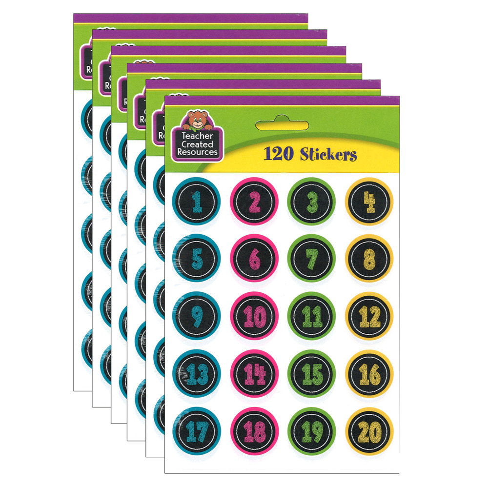 Teacher Created Resources Stickers, Chalkboard Brights Numbers, 120 Stickers Per Pack, Set Of 6 Packs MPN:TCR3841-6