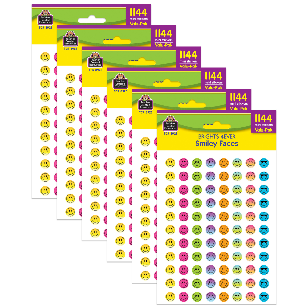 Teacher Created Resources Mini Stickers, Brights 4Ever Smiley Faces, 1, 144 Stickers Per Pack, Set Of 6 Packs MPN:TCR3925-6