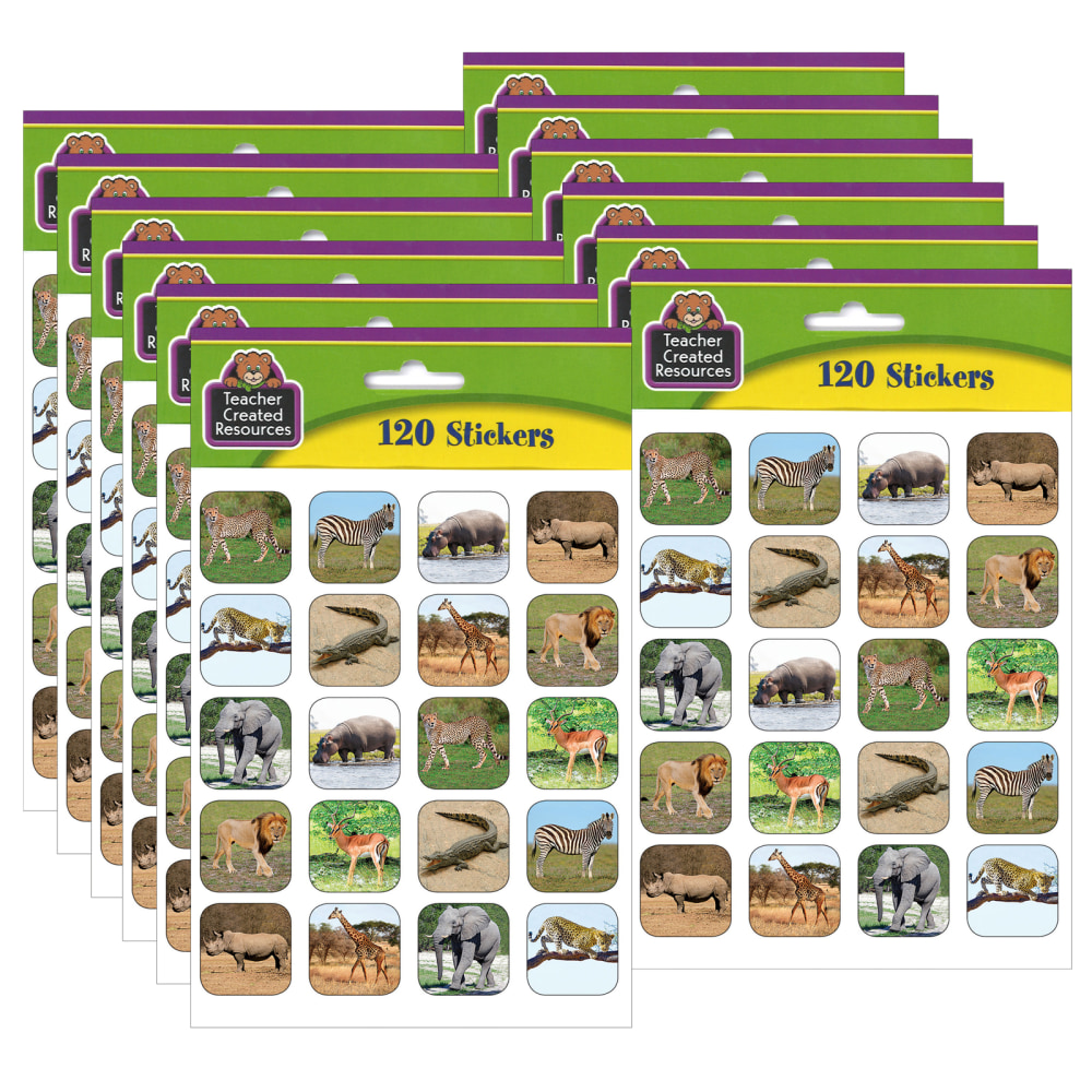 Teacher Created Resources Stickers, Safari Animals, 120 Stickers Per Pack, Set Of 12 Packs MPN:TCR5468-12