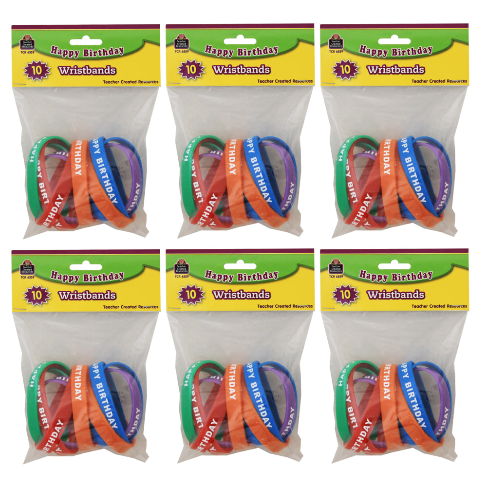 Teacher Created Materials Happy Birthday Wristbands, 10 Wristbands Per Pack, Set Of 6 Packs MPN:TCR6559-6