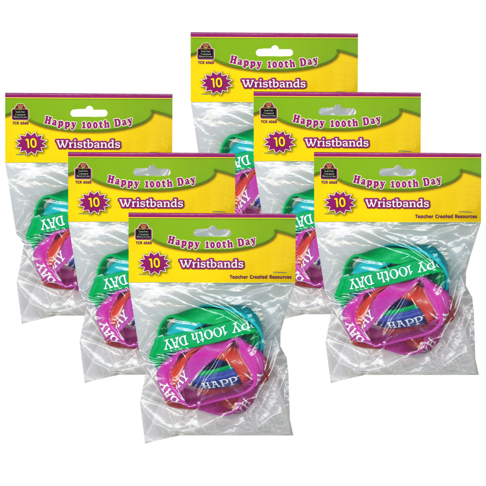 Teacher Created Resources Happy 100th Day Wristband Pack, 10 Per Pack, Set Of 6 Packs MPN:TCR6568-6