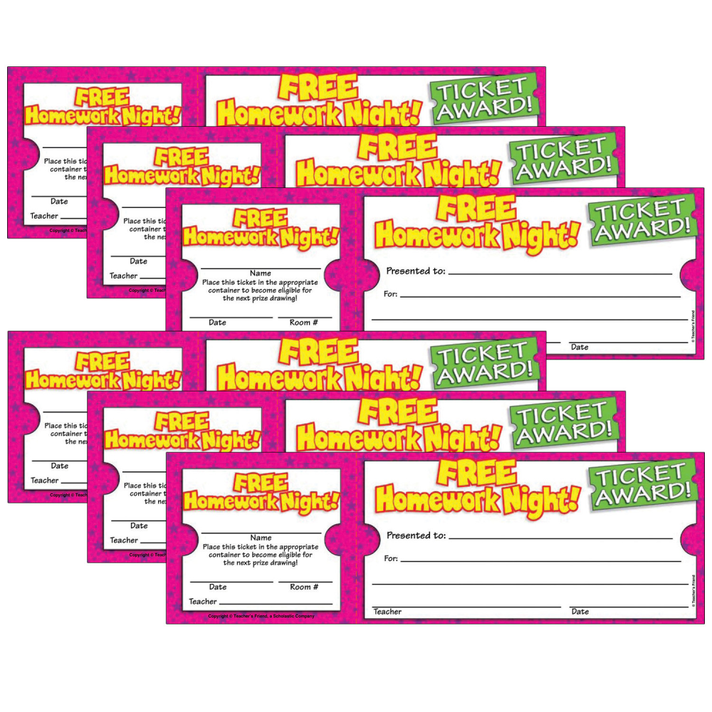 Scholastic Teaching Solutions Ticket Awards, Free Homework Night!, 100 Per Pack, Set Of 6 Packs MPN:TF-1617-6