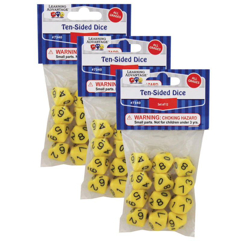 Learning Advantage 10-Sided Polyhedra Dice, Yellow, 12 Dice Per Pack, Set Of 3 Packs MPN:CTU7340-3