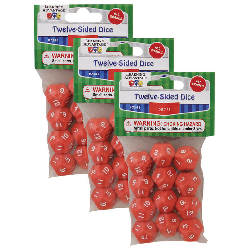 Learning Advantage 12-Sided Polyhedra Dice, Red, 12 Dice Per Pack, Set Of 3 Packs MPN:CTU7341-3