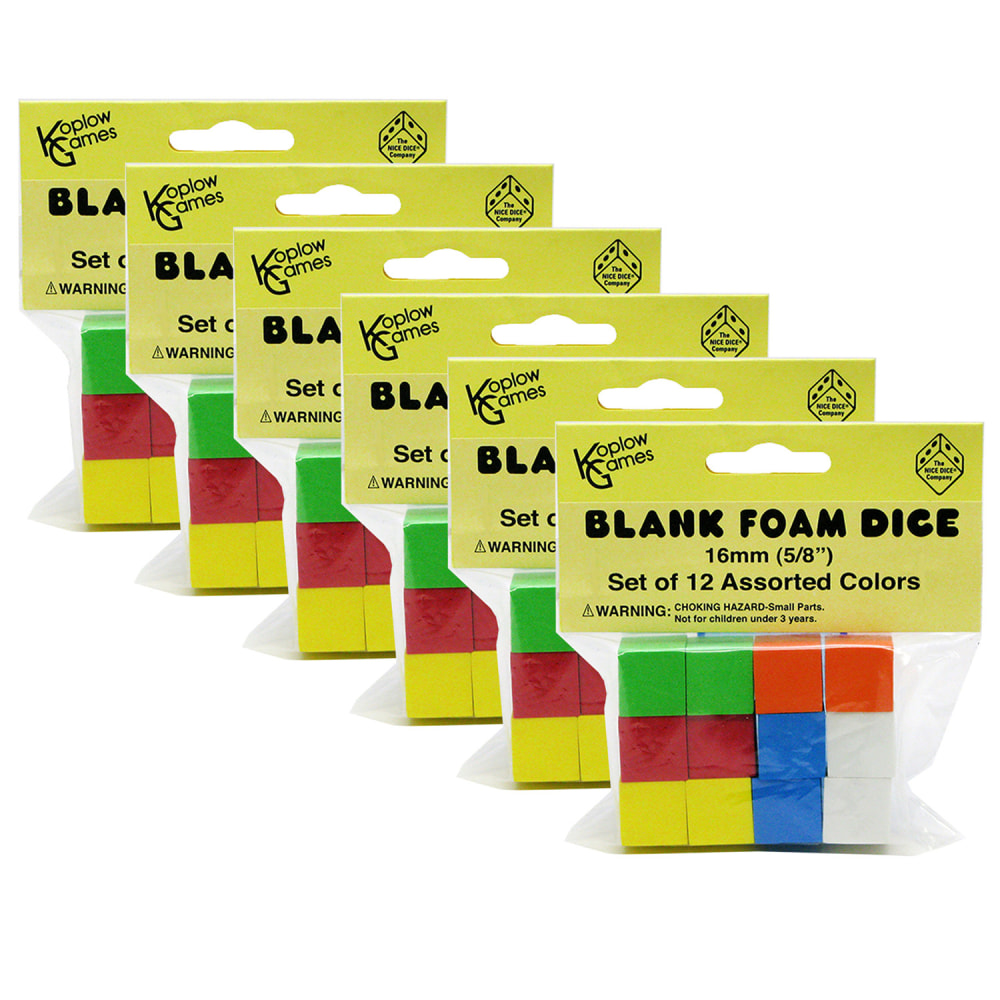 Koplow Games Assorted Color Blank 16mm Foam Dice, 12 Per Pack, Set Of 6 Packs MPN:KOP17335-6