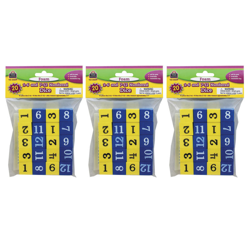 Teacher Created Resources Foam 1-12 Numbered Dice, 3/4in, Blue/Yellow, 20 Dice Per Pack, Case Of 3 Packs MPN:TCR20609-3