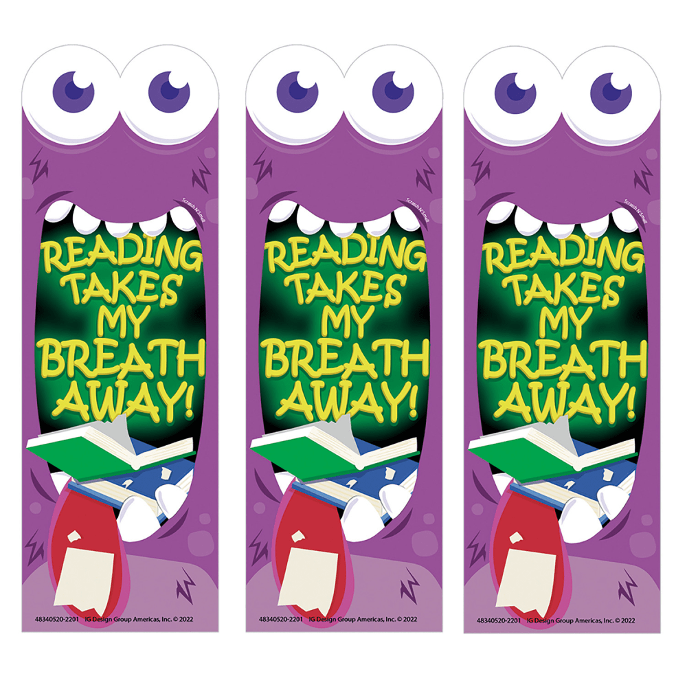 Eureka Bookmarks, 2in x 6in, Reading Takes My Breath Away Monster Breath Scented 24 Per Pack, Set Of 3 Packs MPN:EU-834052-3