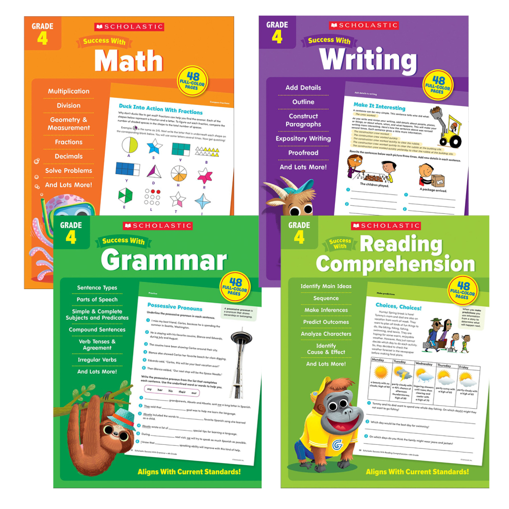 Scholastic Teacher Resources Grade Success Workbooks, 4th Grade, Set Of 4 Books MPN:SC-SWGR4ST