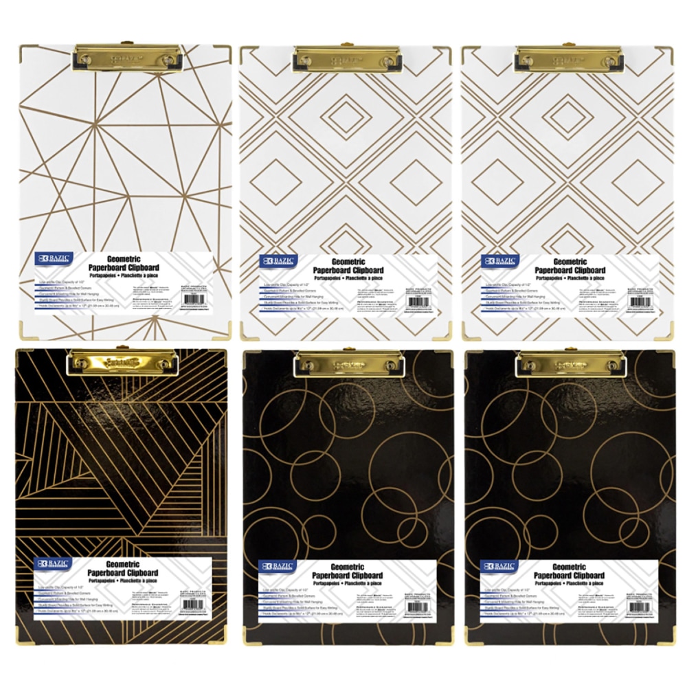 BAZIC Products Paperboard Clipboard With Low Profile Clip, 12.9in x 9in, Assorted Geometric Designs, Pack Of 6 MPN:BAZ1830-6