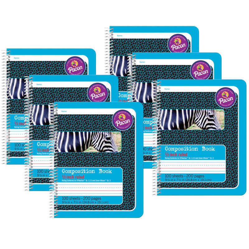 Pacon Primary Composition Books, 7-1/2in x 9-3/4in, 1/2in Ruled, 200 Pages (100 Sheets), Blue/Zebra, Pack Of 6 Notebooks MPN:PAC2429-6