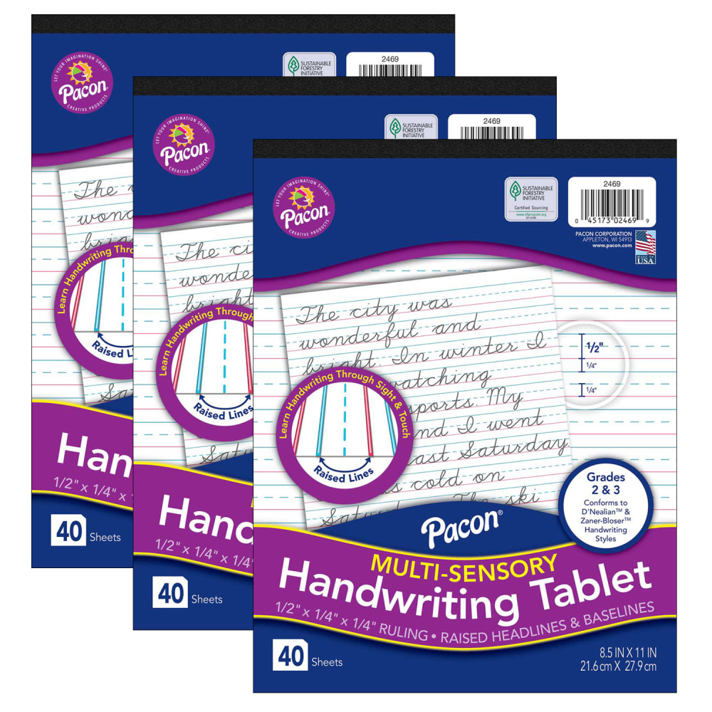 Pacon Multi-Sensory Raised Tablets, 8-1/2in x 11in, Single Subject, Ruled, 40 Sheets, Multicolor, Pack Of 3 Tablets MPN:PAC2469-3