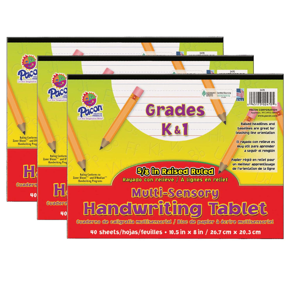 Pacon Multi-Sensory Raised Ruled Tablets, 8in x 10-1/2in, 5/8in x 5/16in x 5/16in Ruled Long, Multicolor, 40 Sheets Per Tablet, Pack Of 3 Tablets MPN:PAC2470-3