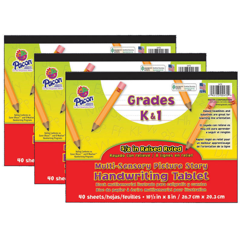 Pacon Multi-Sensory Raised Ruled Tablets, 10-1/2in x 8in, 5/8in x 5/16in x 5/16in Picture Story Ruled Long, 40 Sheets, White, Pack Of 3 Tablets MPN:PAC2472-3