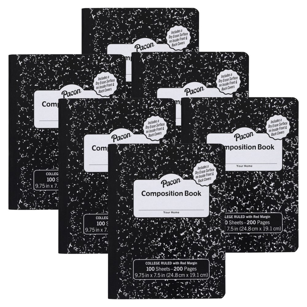 Pacon Composition Books With Dry Erase Surfaces, 9-3/4in x 7-1/2in, Black Marble, 100 Sheets/200 Pages, Pack Of 6 Books MPN:PACMMK37101DE-6