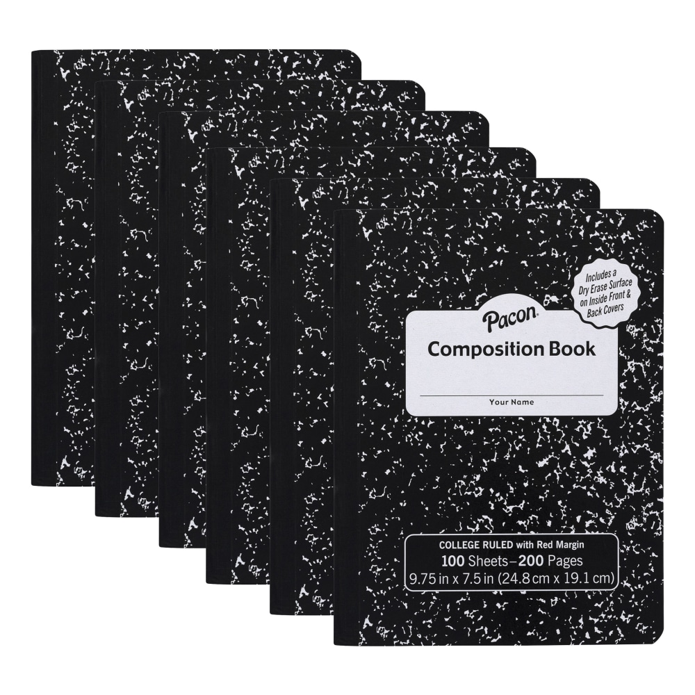 Pacon Composition Book, 9/32in Ruling With 9-3/4in x 7-1/2in Red Margin, Black Marble, 100 Sheets, Pack Of 6 Books MPN:PACMMK37106DE-6