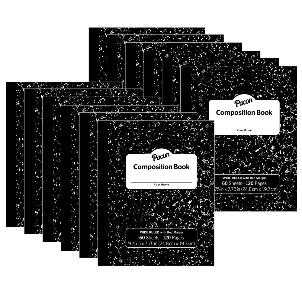 Pacon Composition Books, 9-3/4in x 7-3/4in, Wide Ruled, Black Marble, 60 Sheets, Pack Of 12 Books MPN:PACMMK37130-12