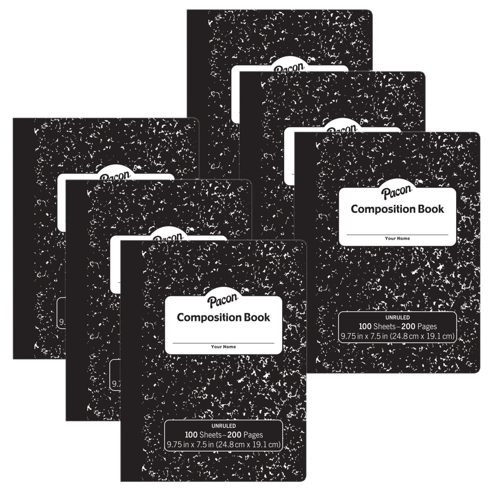 Pacon Composition Books, Unruled 9-3/4in x 7-1/2in, Black Marble, 100 Sheets, Pack Of 6 Books MPN:PACMMK37145-6