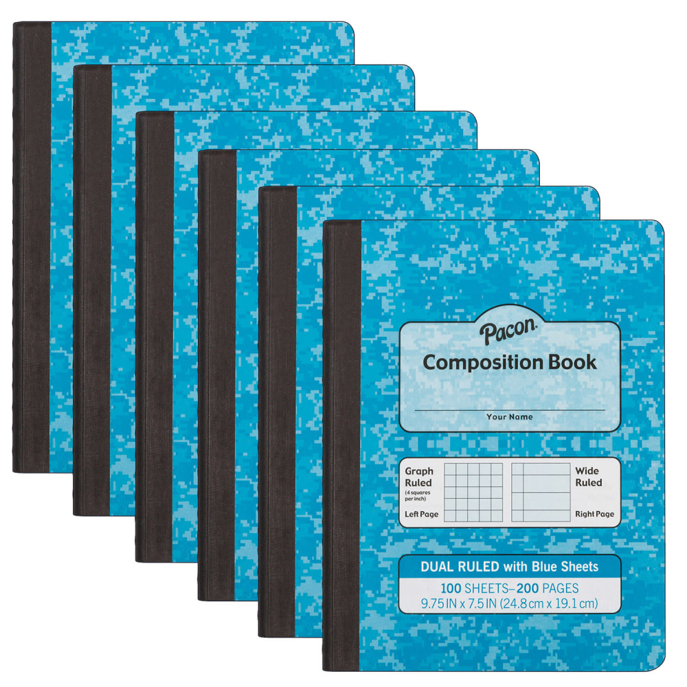 Pacon Dual Ruled Composition Book, 9-3/4in x 7-1/2in, 1/4in Grid & 3/8in Wide Ruled, 100 Sheets, Blue, Pack Of 6 MPN:PACMMK37160-6