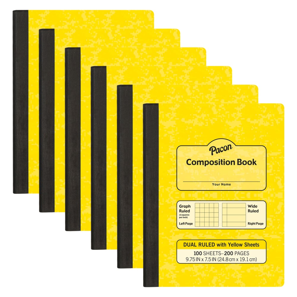 Pacon Dual Ruled Composition Books, 1/4in Grid And 3/8in (Wide) 9-3/4in x 7-1/2in, Yellow, 100 Sheets, Pack Of 6 Books MPN:PACMMK37163-6