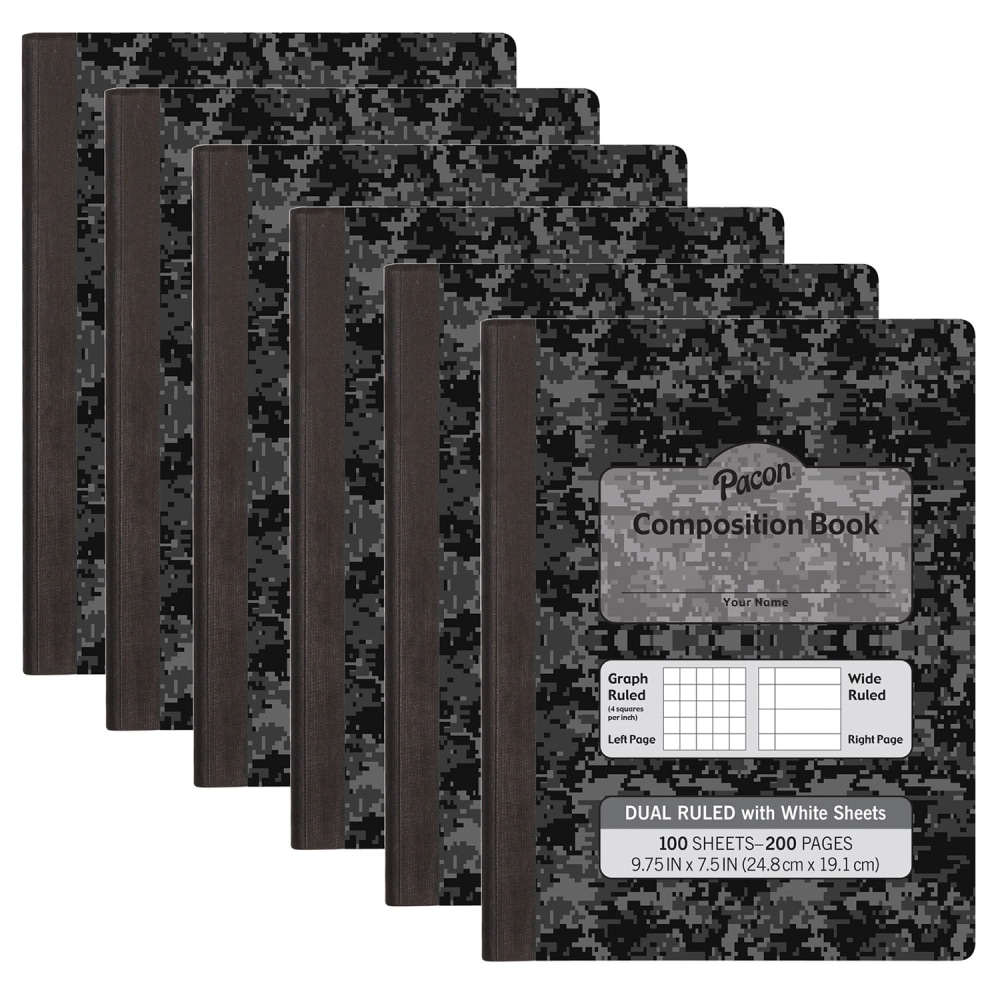 Pacon Dual Ruled Composition Book, 9-3/4in x 7-1/2in, 1/4in Grid & 3/8in Wide Ruled, 100 Sheets, Dark Gray Marble, Pack Of 6 MPN:PACMMK37164-6