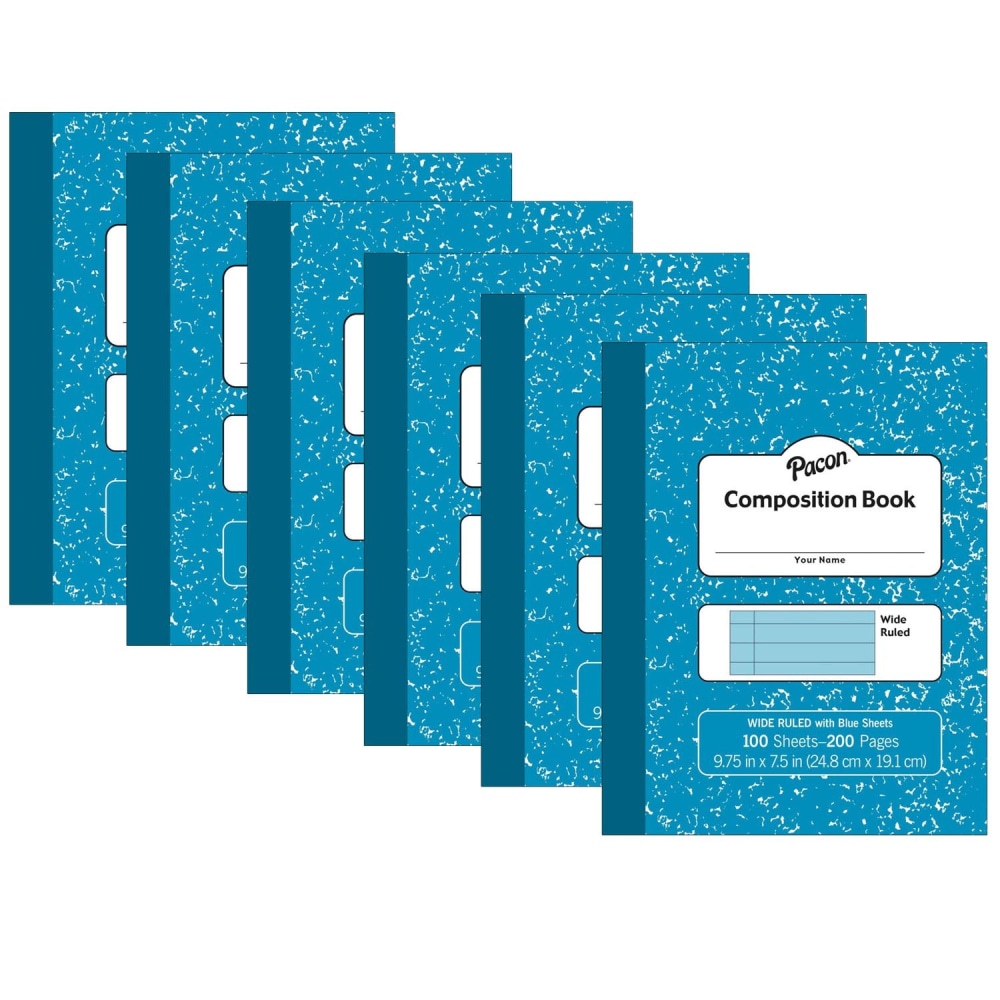 Pacon Pastel Composition Book, 9-3/4in x 7-1/2in, 3/8in Ruled, 100 Sheets, Blue Marble Cover, Light Blue Sheets, Pack Of 6 MPN:PACMMK37170-6