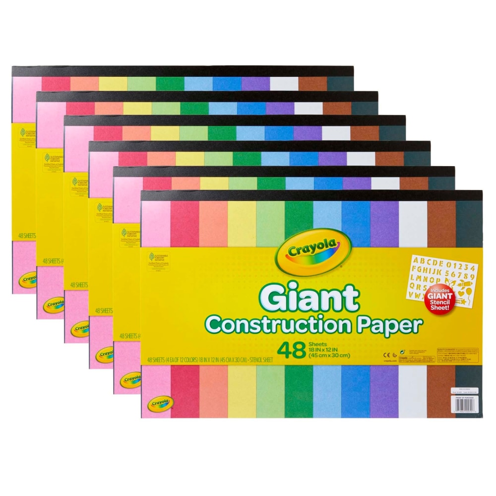 Crayola Giant Construction Paper Pads With Stencils, 12in x 18in, Assorted Colors, 48 Sheets Per Pad, Pack Of 6 Pads MPN:BIN990055-6