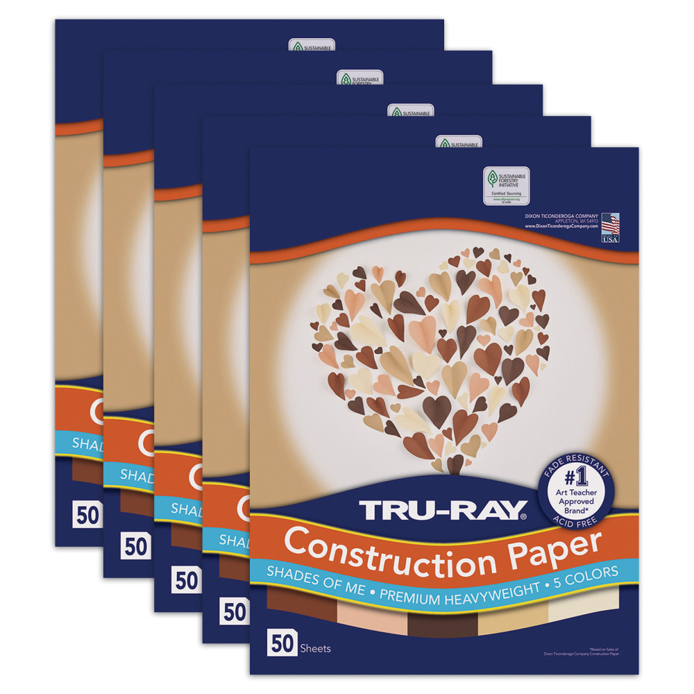 Tru-Ray Construction Paper, Heavyweight, 9in x 12in, 5 Assorted Skin Tone Colors, 50 Sheets Per Pack, Set Of 5 Packs MPN:PAC102949-5