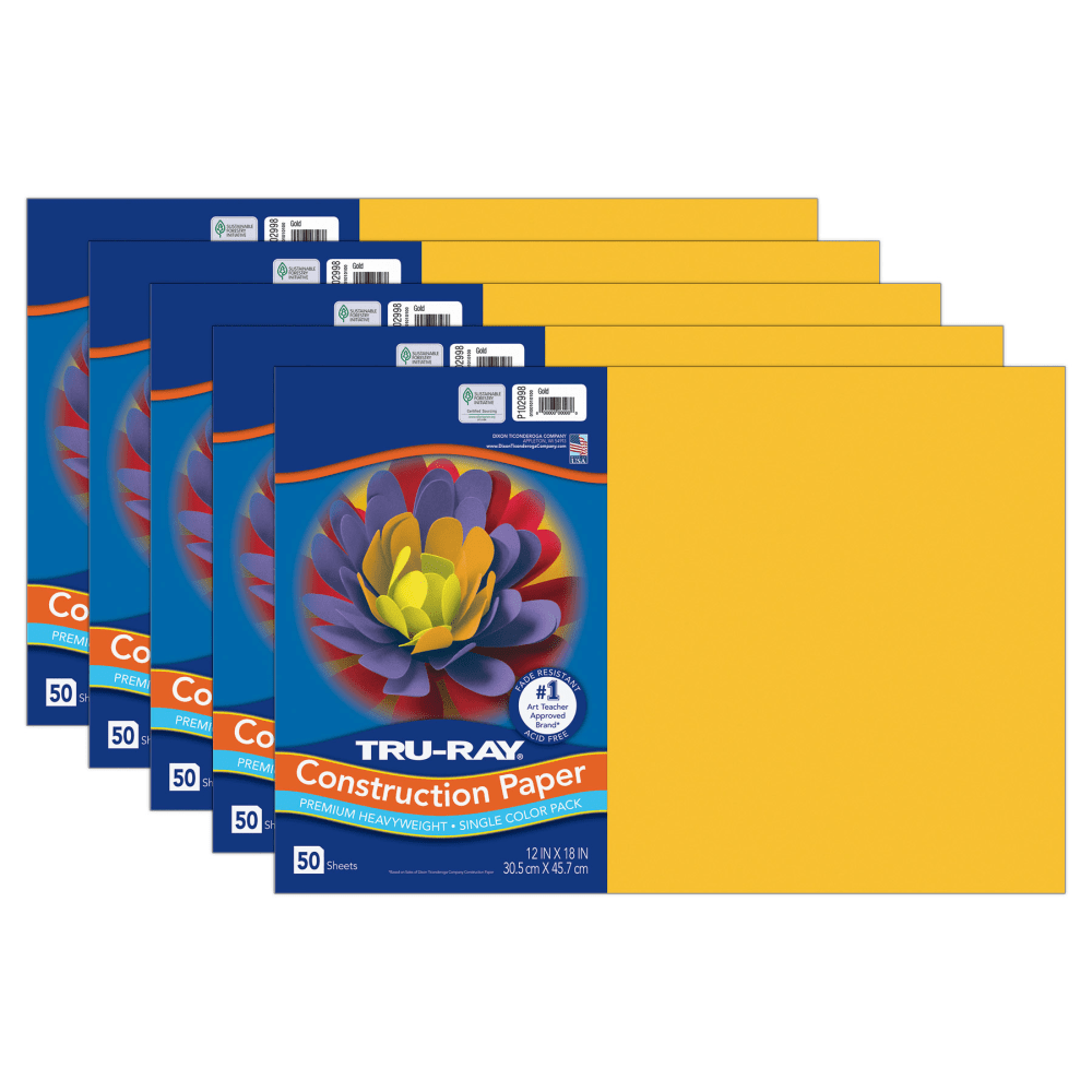 Tru-Ray Construction Paper, Heavyweight, 12in x 18in, Gold, 50 Sheets Per Pack, Set Of 5 Packs MPN:PAC102998-5