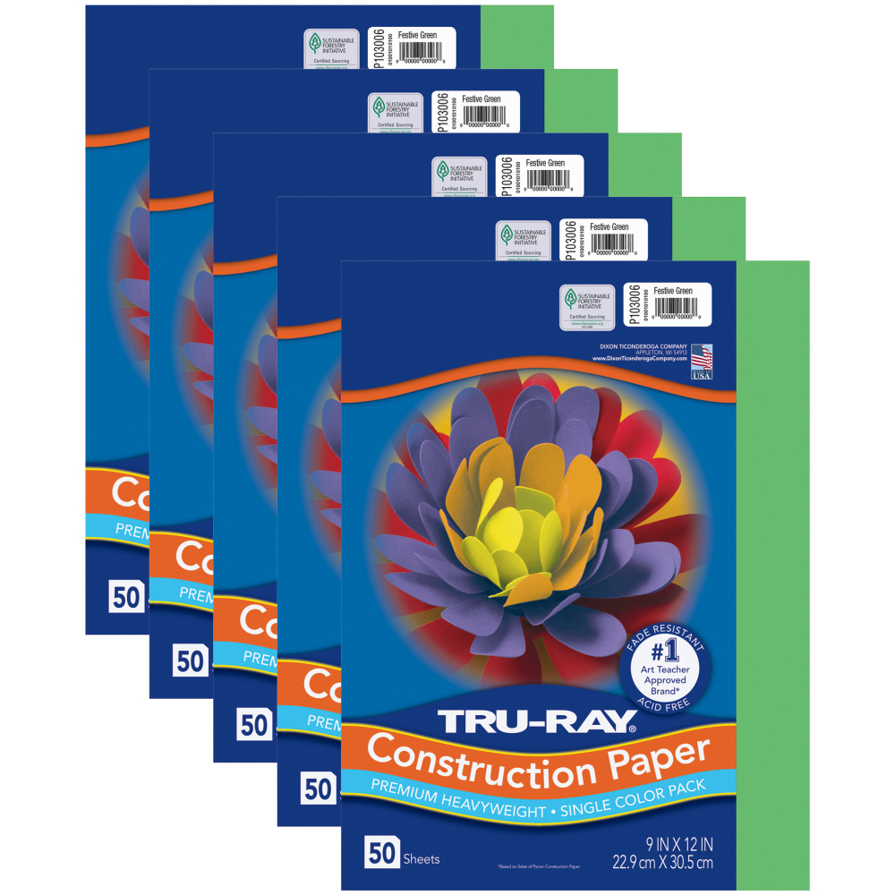 Tru-Ray Construction Paper, Heavyweight, 9in x 12in, Festive Green, 50 Sheets Per Pack, Set Of 5 Packs MPN:PAC103006-5