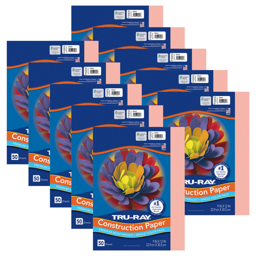 Tru-Ray Construction Paper, Heavyweight, 9in x 12in, Salmon, 50 Sheets Per Pack, Set Of 10 Packs MPN:PAC103010-10