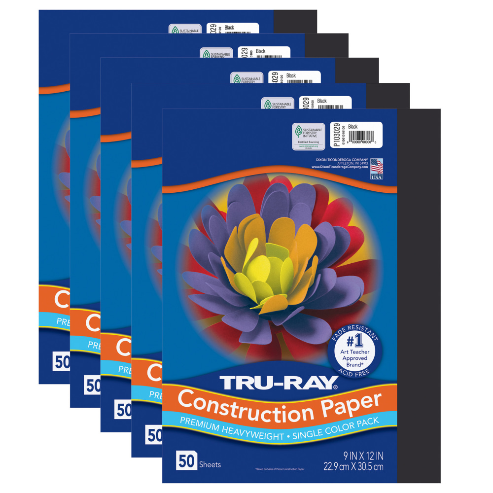 Tru-Ray Construction Paper, Heavyweight, 9in x 12in, Black, 50 Sheets Per Pack, Set Of 5 Packs MPN:PAC103029-5