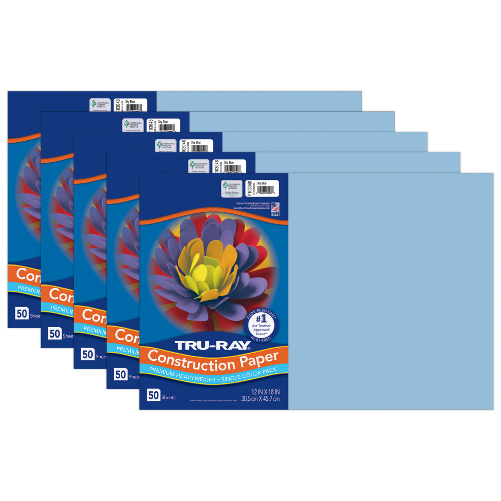 Tru-Ray Construction Paper, Heavyweight, 12in x 18in, Sky Blue, 50 Sheets Per Pack, Set Of 5 Packs MPN:PAC103048-5