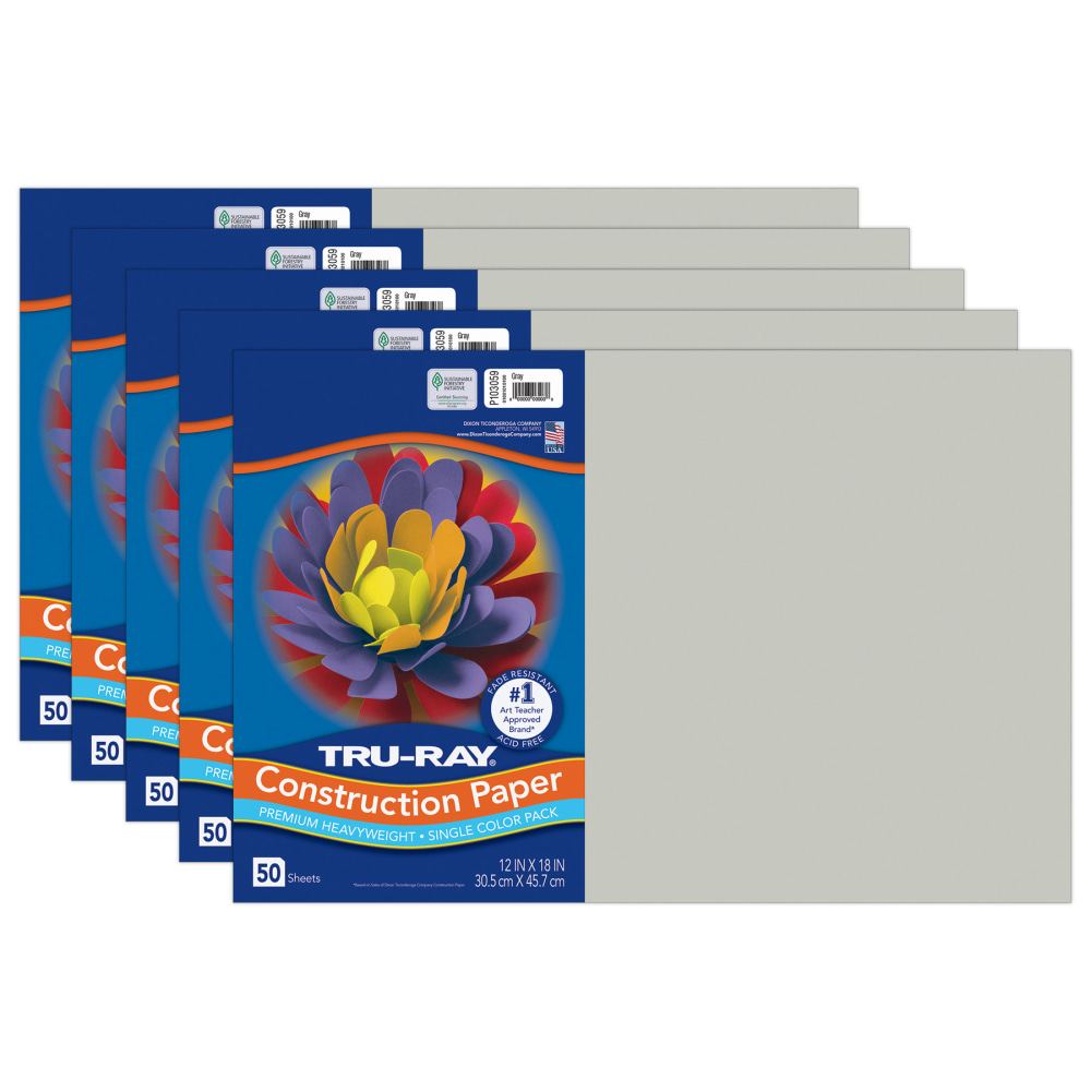 Tru-Ray Construction Paper, Heavyweight, 12in x 18in, Gray, 50 Sheets Per Pack, Set Of 5 Packs MPN:PAC103059-5
